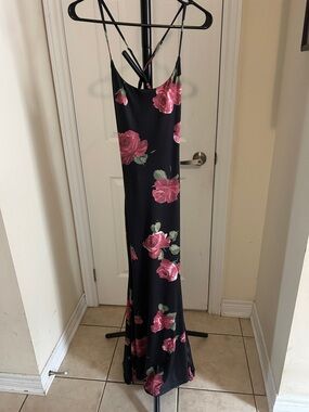 Lulu's Black Maxi Slip Dress with Pink Rose Print